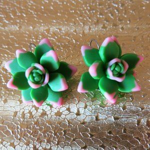 Hand Made Green Pink Succulent Floral Bohemian Romantic Organic Shape Earrings